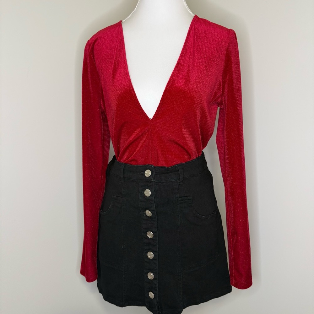 Urban Outfitters Red Deep V Long Sleeve Top